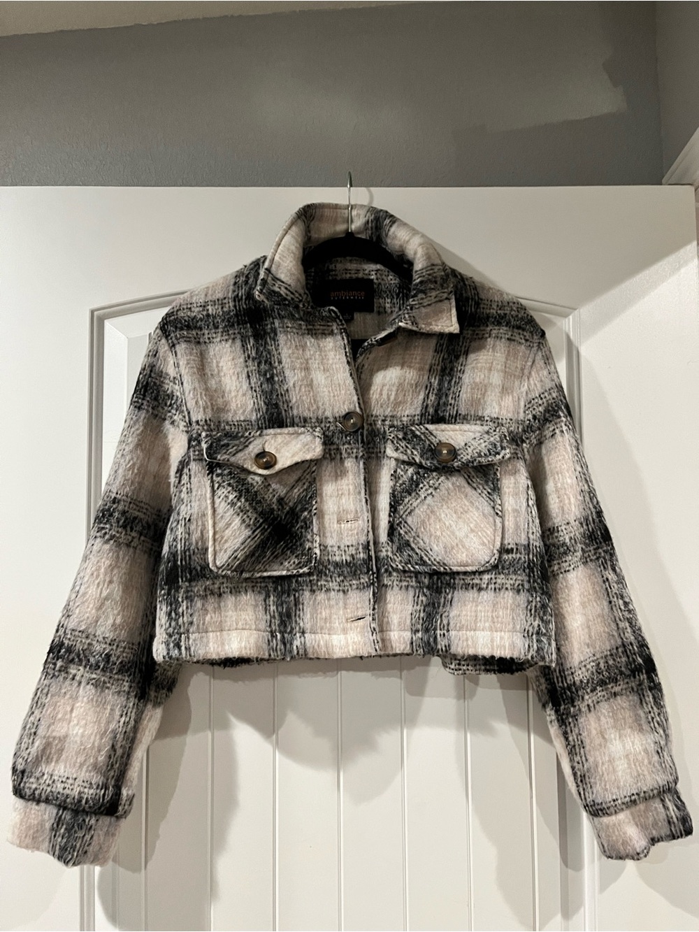 Ambiance Black & Cream Plaid Cropped Jean Jacket